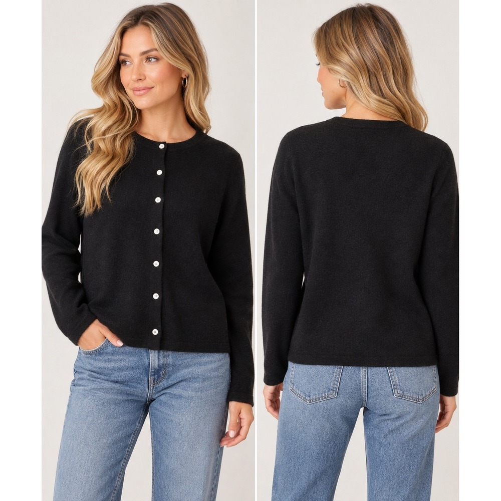 Kirkland Signature Cardigan Women Large Black 100% 2-Ply Cashmere Button Front